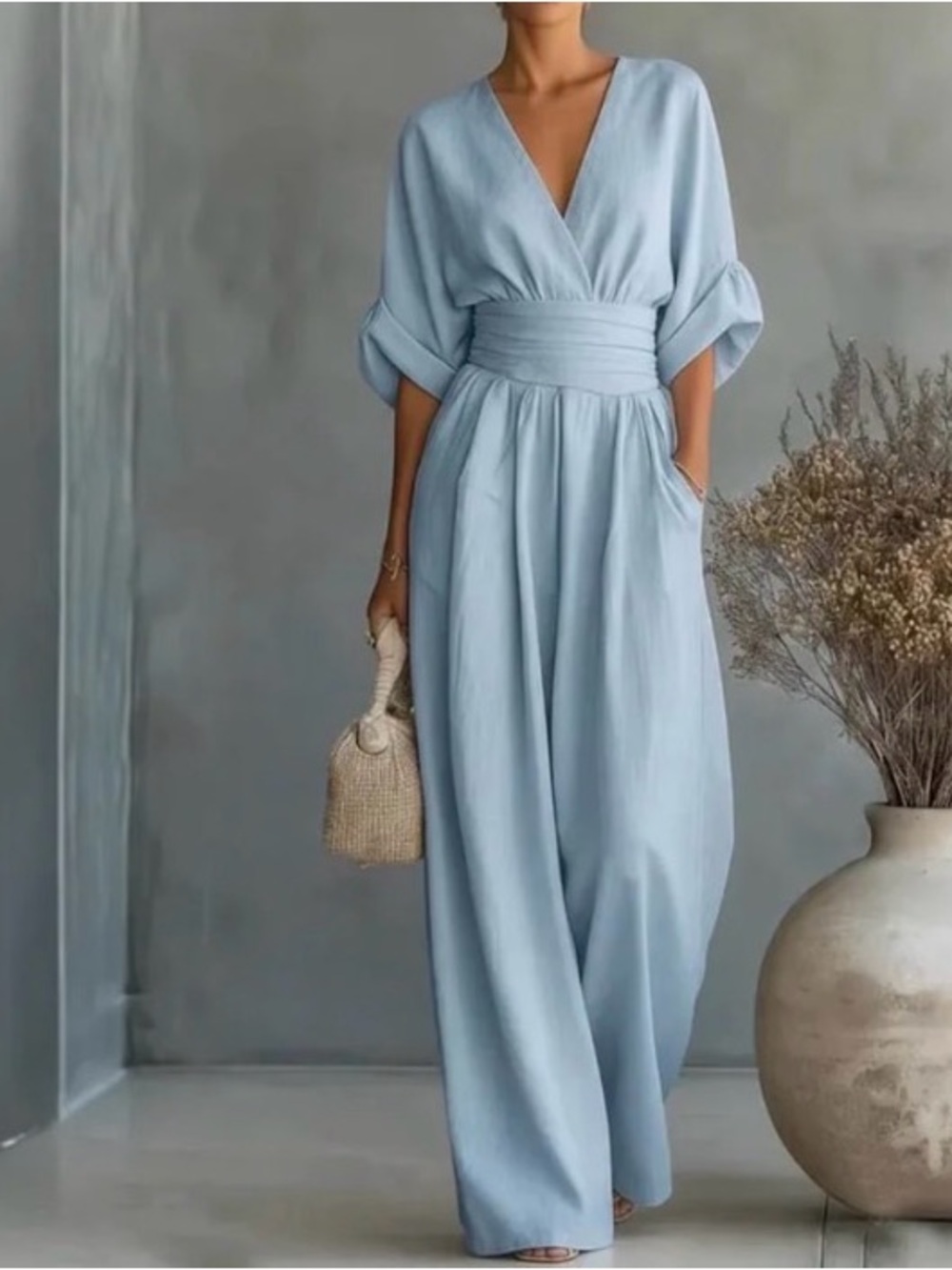 Women's Light Blue V-Neck Wide-Leg Jumpsuit